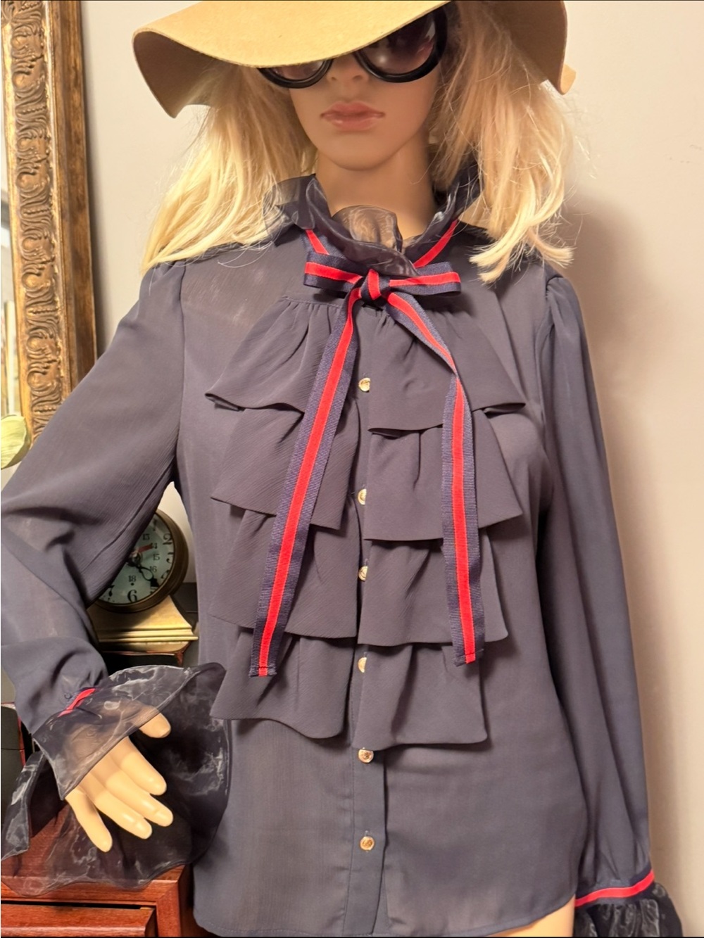 Chelsea Navy Ruffle Blouse with Bow